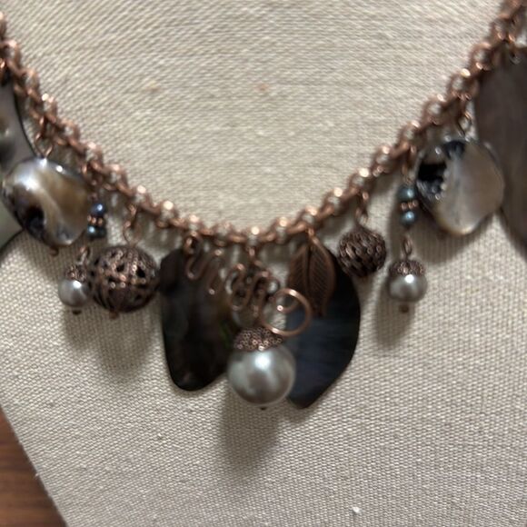 Lia Sophia Signed Bronze necklace with Abalone, Fresh Water Pearls and Charms. - Picture 2 of 6